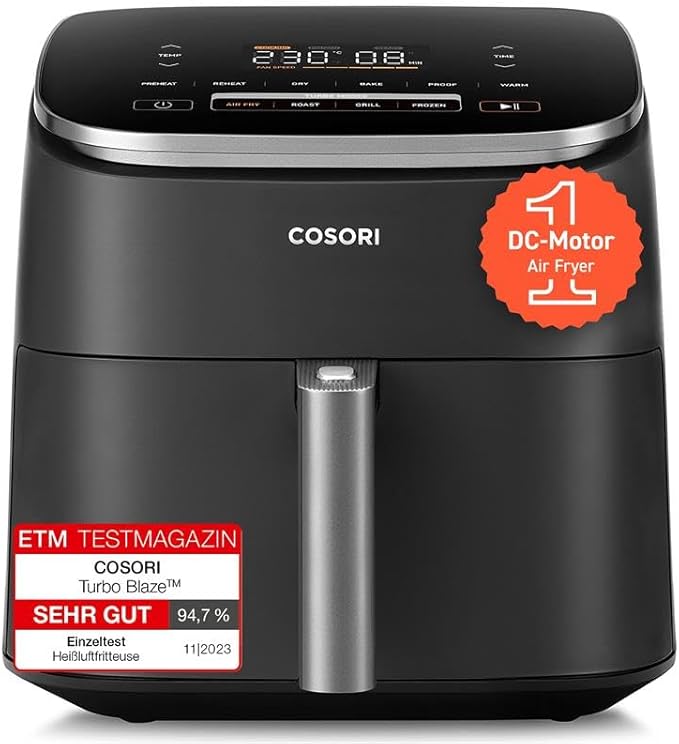 Cosori Airfryer, Turboblaze, 9-in-1 6L Heißluftfritteuse Leiser DC Motor mit 5 Geschwindigkeitsstufen, 67% energiesparend, 87 Rezepte, Dunkelgrau