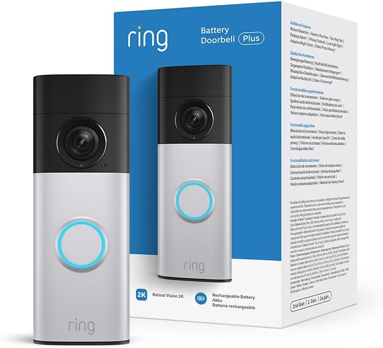 Ring Akku-Videotürklingel 2K Plus (Battery Video Doorbell 2K Plus) (neueste Gen.), Kabellose Türklingel-Kamera, Retinal 2K, 6x-Zoom, Schnellwechsel-Akkupack, 30 Tage Testphase für Ring-Abonnement