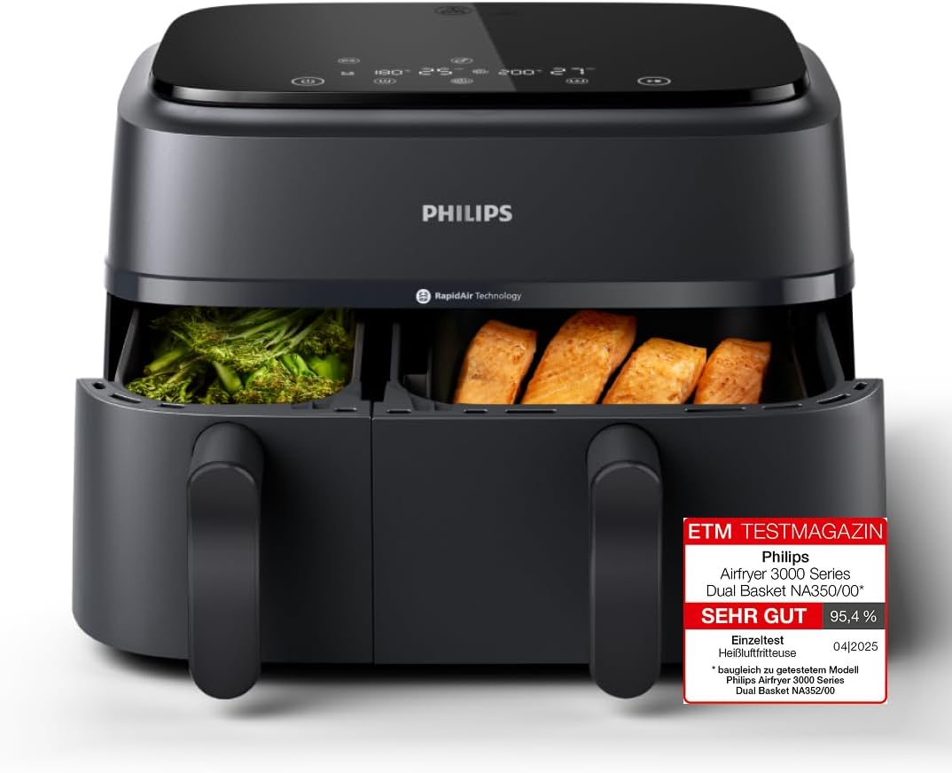 Philips Airfryer Dual Basket 3000 Serie Heißluftfritteuse, Schwarz, 9 L 2 Körbe, RapidAir Plus Technologie, Touchscreen, 12 Kochfunktionen, HomeID App (NA350/00)