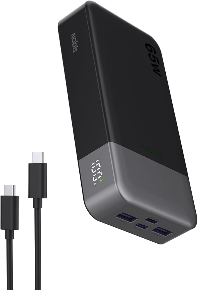 NOBIS 65W 20.000 mAh PD QC Schnelllade Powerbank mit Digitalanzeige | 2×USB-C(Ein/Aus) & 2×USB-A(An...