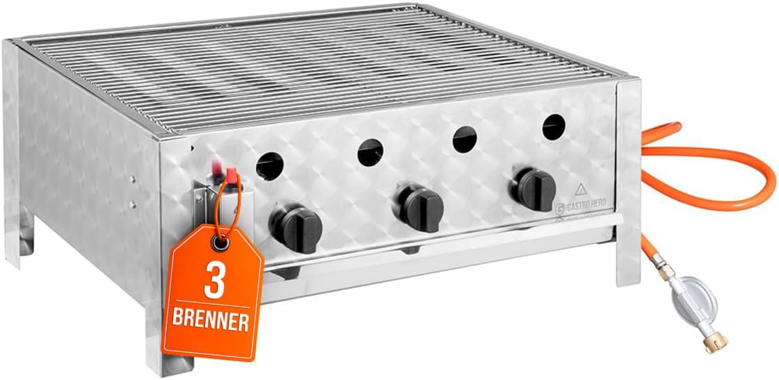 GastroHero Tischbräter, 3 Brenner, 10 kW, Edelstahl TBG3-T Profi Gastro Kombibräter, Outdoor Tischgrill 650×570×270 mm inkl. Gasschlauch & Druckminderer