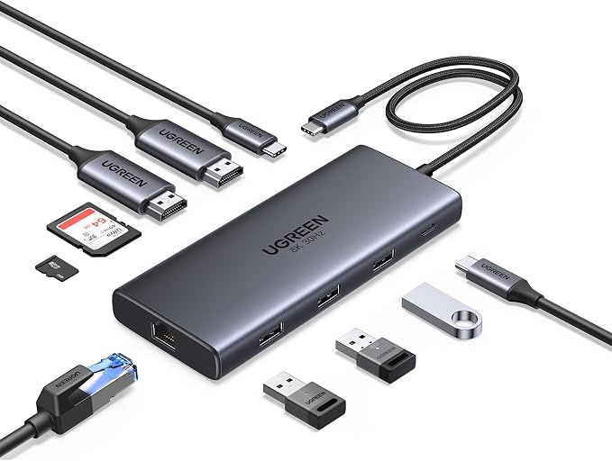 UGREEN Revodok USB C Docking Station, 10 IN 1 USB C Hub 2 HDMI Dockingstation mit SD/TF Kartenleser, Gigabit Ethernet, Kabellänge 30cm, 4X USB C/USB A Ports, PD 100W Schnellladen