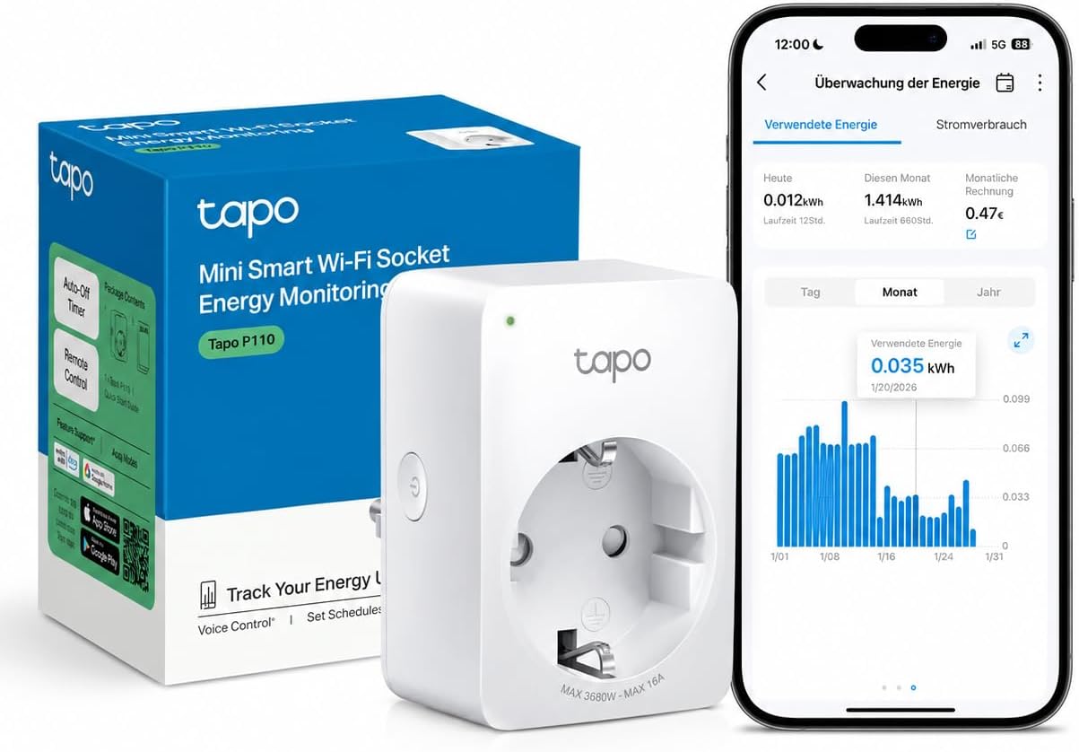TP-Link Tapo Smart WLAN Steckdose P110 mit Energieverbrauchskontrolle, Smart Home Alexa funktioniert mit Google Home, Sprachsteuerung, Fernzugriff, Kein Hub notwendig, Mini