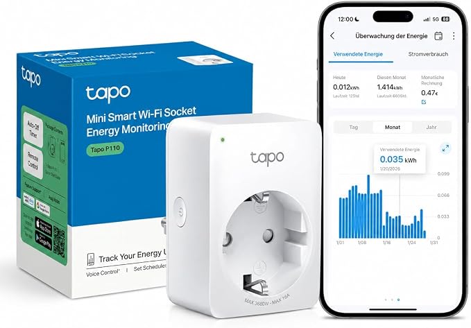 TP-Link Tapo Smart WLAN Steckdose P110 mit Energieverbrauchskontrolle, Smart Home Alexa funktioniert mit Google Home, Sprachsteuerung, Fernzugriff, Kein Hub notwendig, Mini