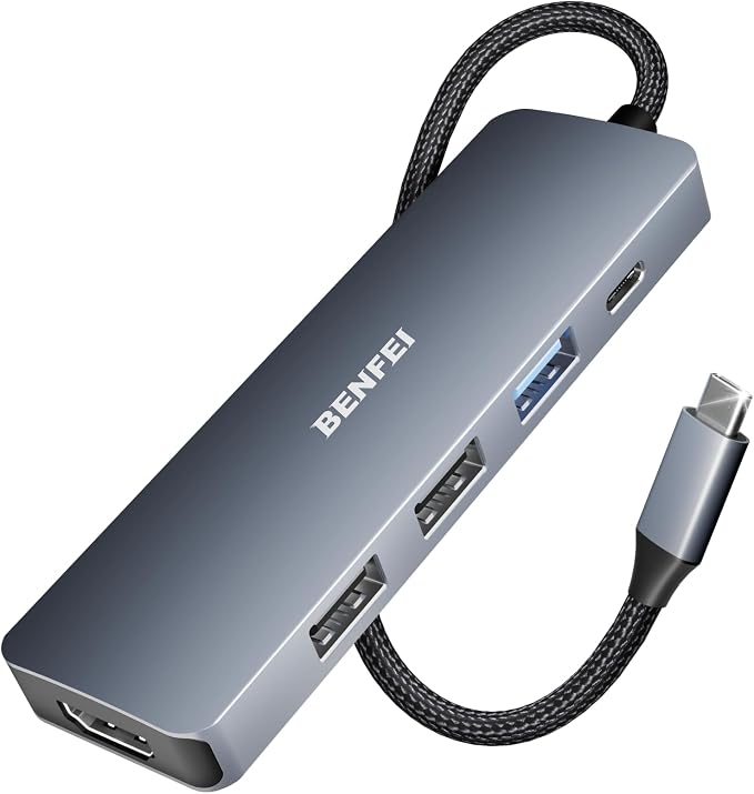 BENFEI USB C Hub 5in1, USB C Multiport Adapter mit 4K HDMI/PD 100W / 3*USB-A Datenports 10Gbps [Silikon/gewebtes Design, Aluminiumgehäuse] für MacBook Pro/Air, iPad Pro, iMac, iPhone 15 Serie, XPS