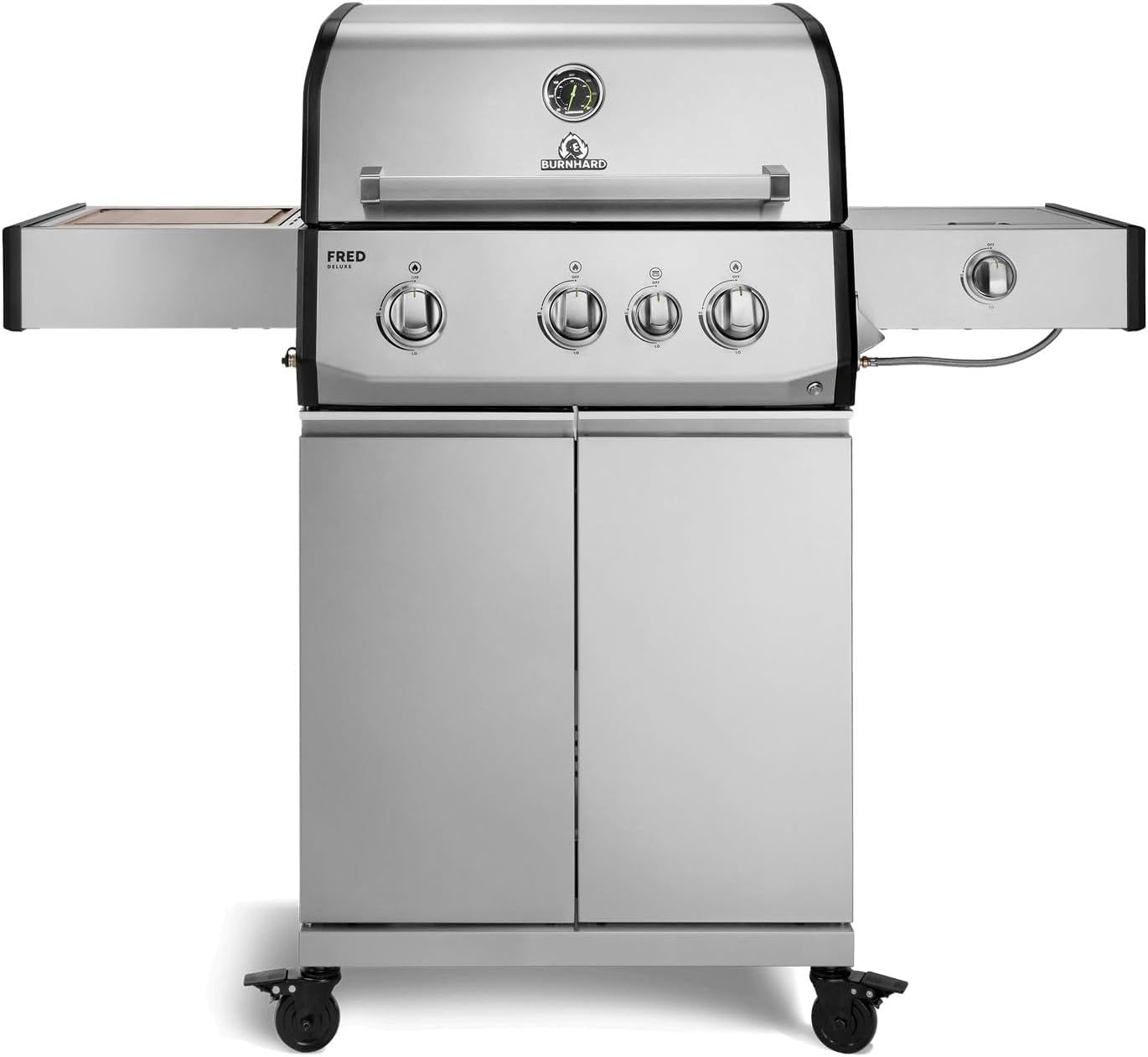 BURNHARD® FRED Deluxe Gasgrill 3-Brenner, Gusseisenrost, Edelstahl 900°C Infrarot-Zone, Heckbrenner, Seitenkocher, Aludruckguss-Edelstahl-Brennkammer, 17.45 kW Leistung