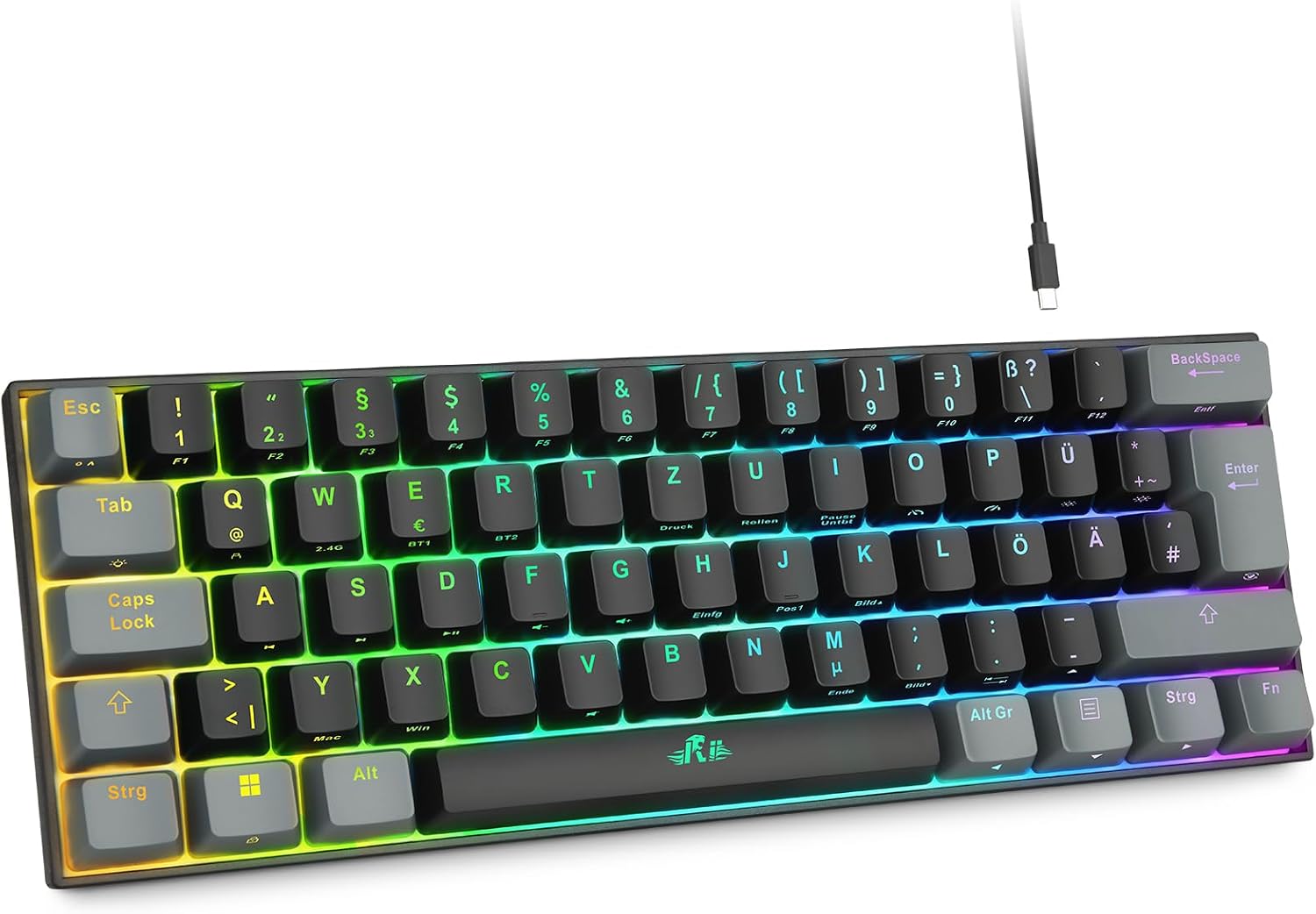 Rii Gaming Tastatur Mechanisch, 60% Tastatur Kabellos RGB Beleuchtet mit Rote Schalter und N-Key Rollover für PC/Laptop/PS4/PS5, QWERTZ, Schwarz Grau (Bluetooth/2.4G/Kabel)