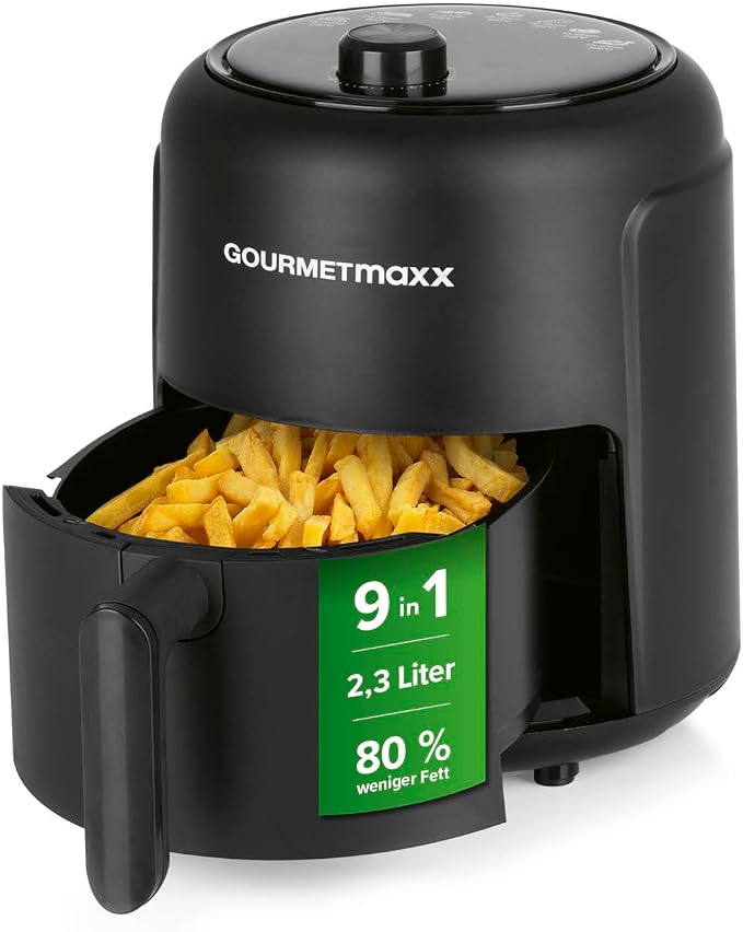 GOURMETmaxx Heißluftfritteuse 2,3L | Airfryer mit 60 Minuten Timer und 9 Funktionen inkl. Vorheizen & Warmhalten | energiesparend & geruchsarm frittieren – nahezu ohne Öl | 1000 W