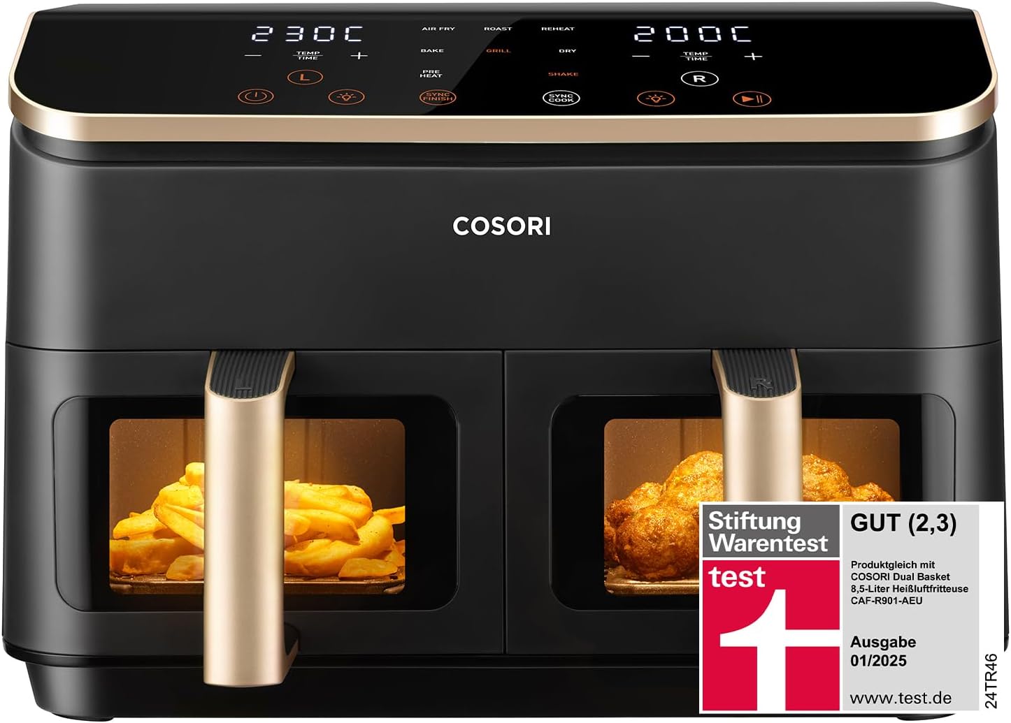 Cosori Airfryer, Testsieger Stiftung Warentest, Heißluftfritteuse 2 Kammern 1750W Low-Watt-Tech, NTC-Tech, Intelligente MCU-Steuerung, Geruchstrennung