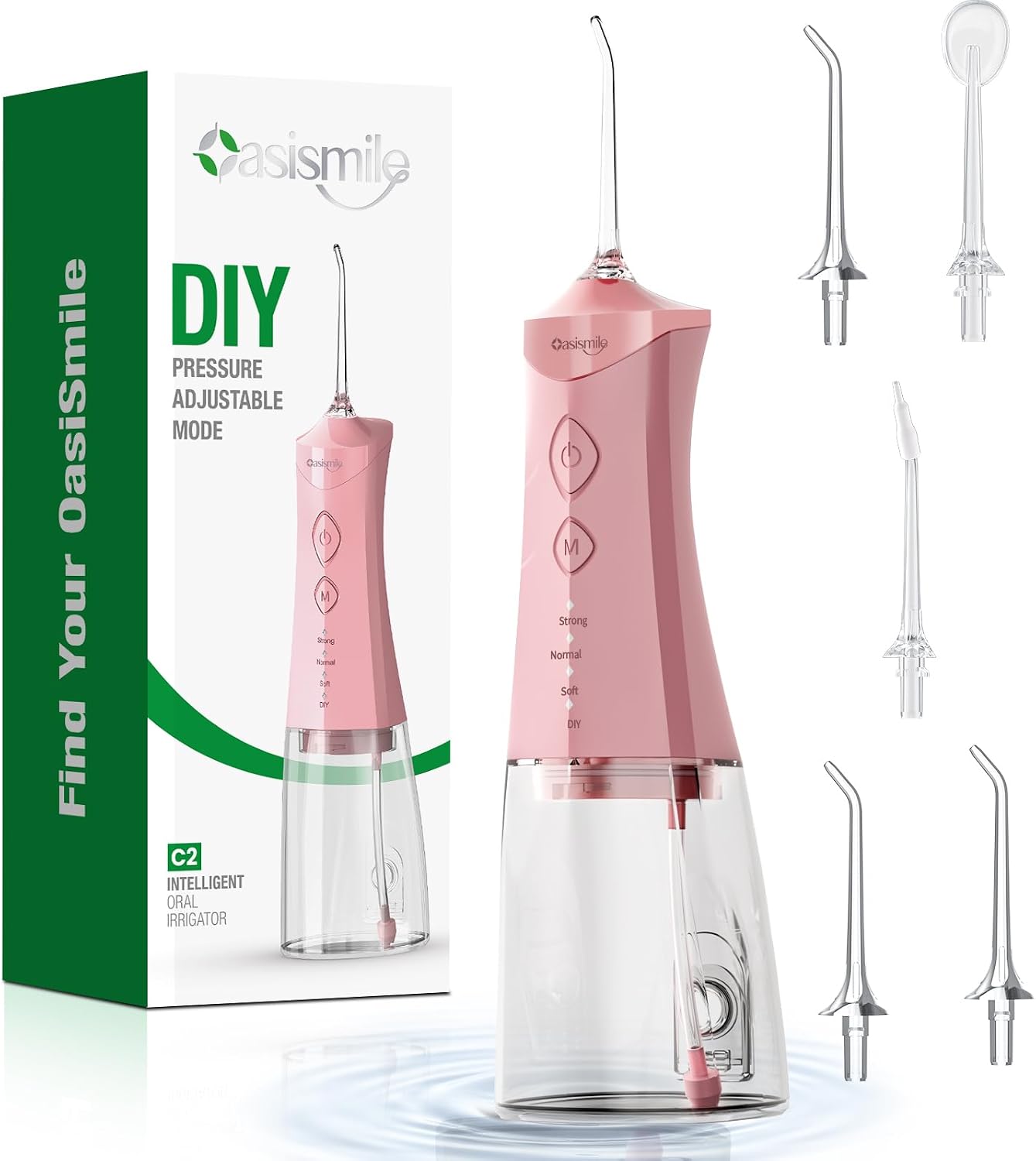 OasiSmile C2 Kabellose Elektrische Munddusche, 350ML Tank, DIY Druck, Rosa Munddusche Testsieger 2026, 5 Düsen, 4 Modi, Oral Irrigator zur Täglichen Tiefenreinigung, 30 Tage Akku für Zuhause & Reisen
