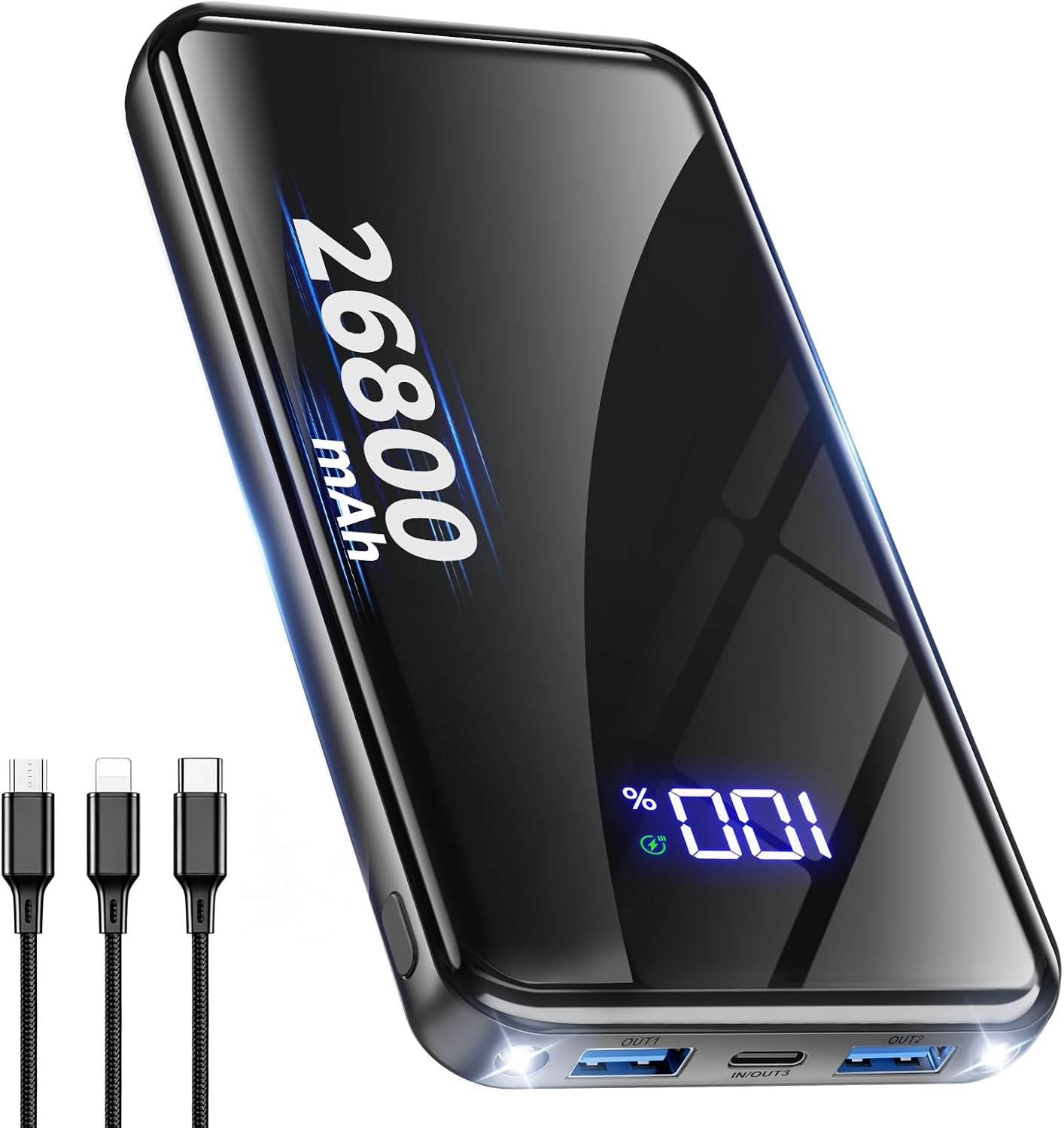 Power Bank, 26800mAh Schnellladen USB-C, 30% Größere Kapazität, Schwarz | mit 3-in-1 Kabel Dual-LED ...