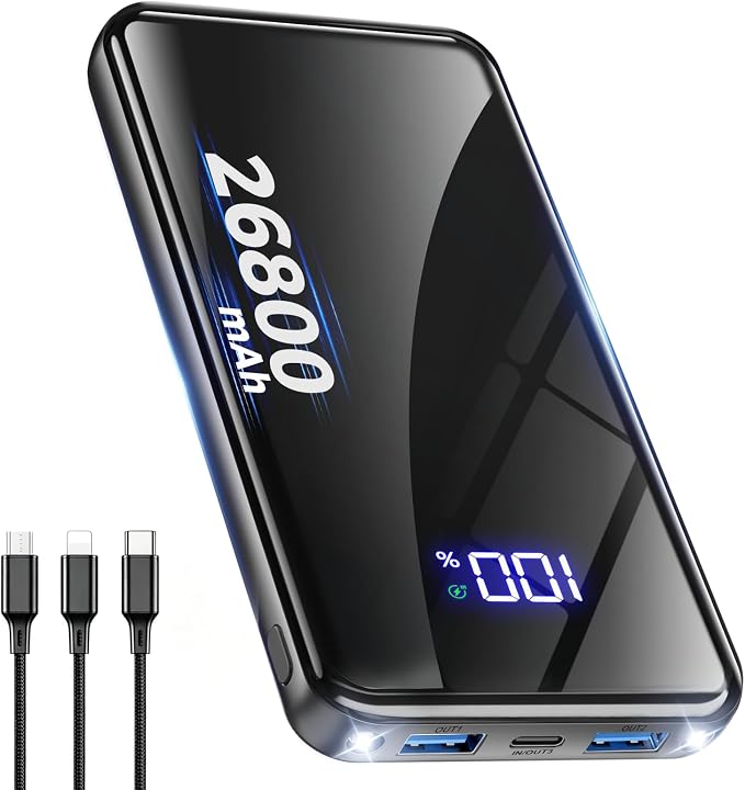 Power Bank, 26800mAh Schnellladen USB-C, 30% Größere Kapazität, Schwarz | mit 3-in-1 Kabel Dual-LED ...