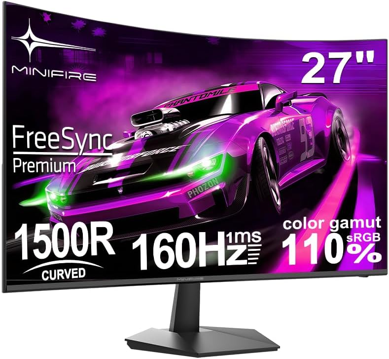 Minifire 27 Zoll Curved Gaming Monitor - 160Hz, FHD(1920x1080), VA 1500R, 1ms GtG, sRGB 110%, HDR, Adapive Sync, Blaulichtfilter, VESA 100 * 100, HDMI 2.0/DP 1.2 mit HDMI-Kabel (MFG27C1L