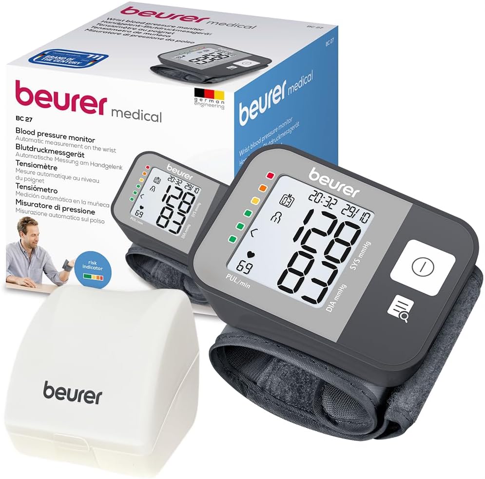 Beurer BC 27 Handgelenk-Blutdruckmessgerät mit Arrhythmie-Erkennung, farbiger Risiko-Indikator, für Handgelenksumfänge von 14-19,5 cm, Medizinprodukt, Datenübertragung zu Apple Health und co.