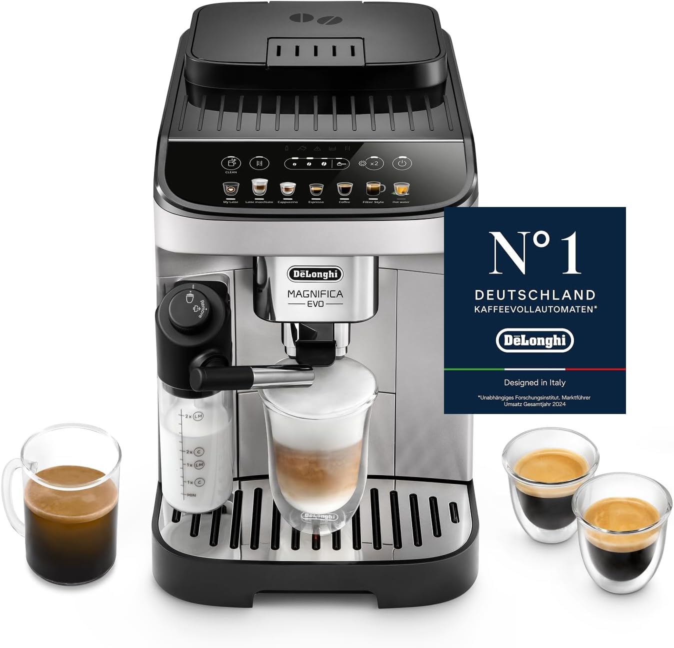 De'Longhi Magnifica Evo - Kaffeevollautomat 7 Getränke Silber-Schwarz Kaffeemaschine mit LatteCrema Hot-Milchaufschäumer, Cappuccino, One-Touch-Getränke, Farb-Touch-Bedienfeld, ECAM292.81.SB