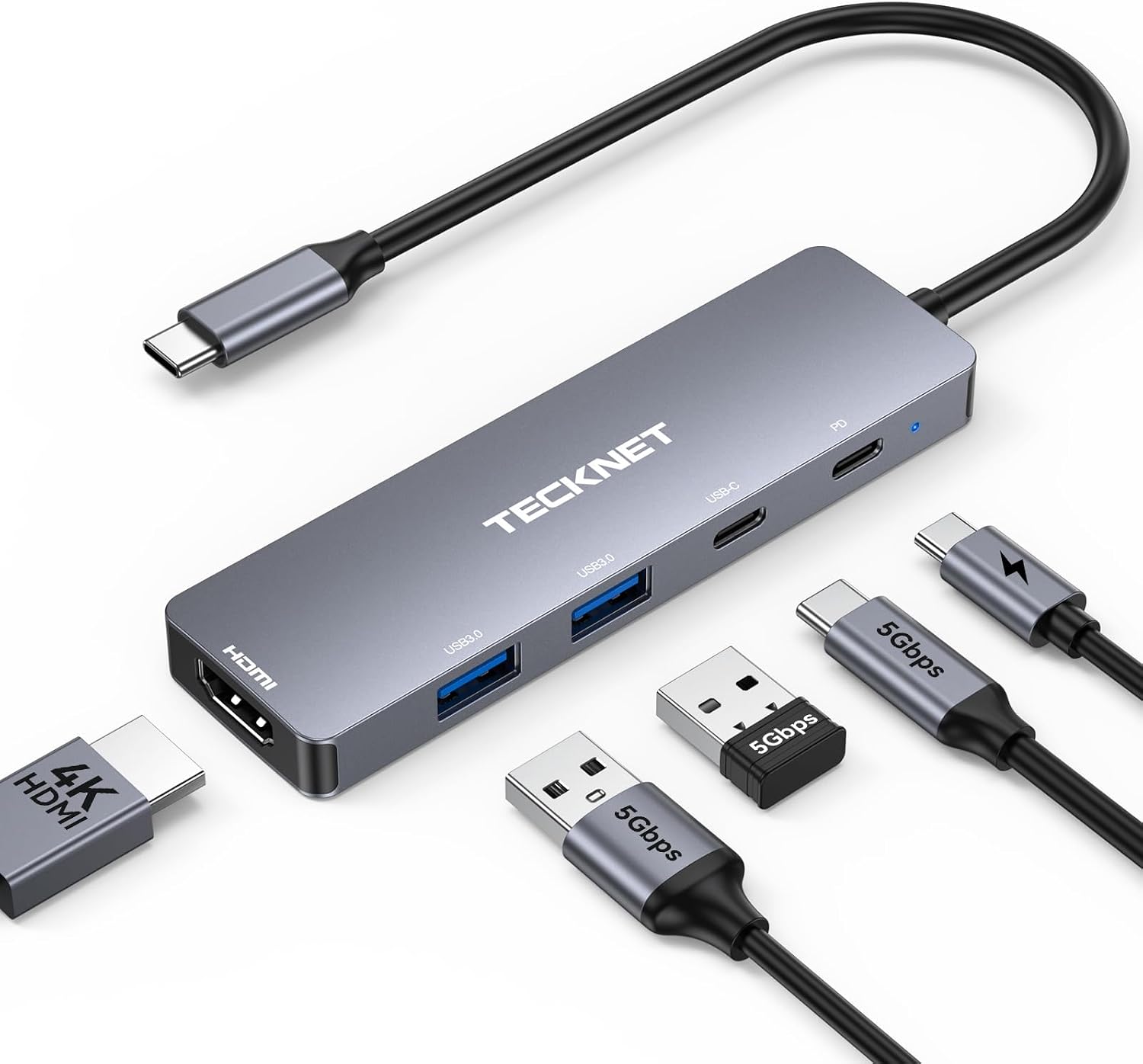 TECKNET 5-IN-1 USB-C Hub Verteiler 5Gbps, 4K@60Hz HDMI | USB C Splitter Stromversorgung PD 100W, Ada...