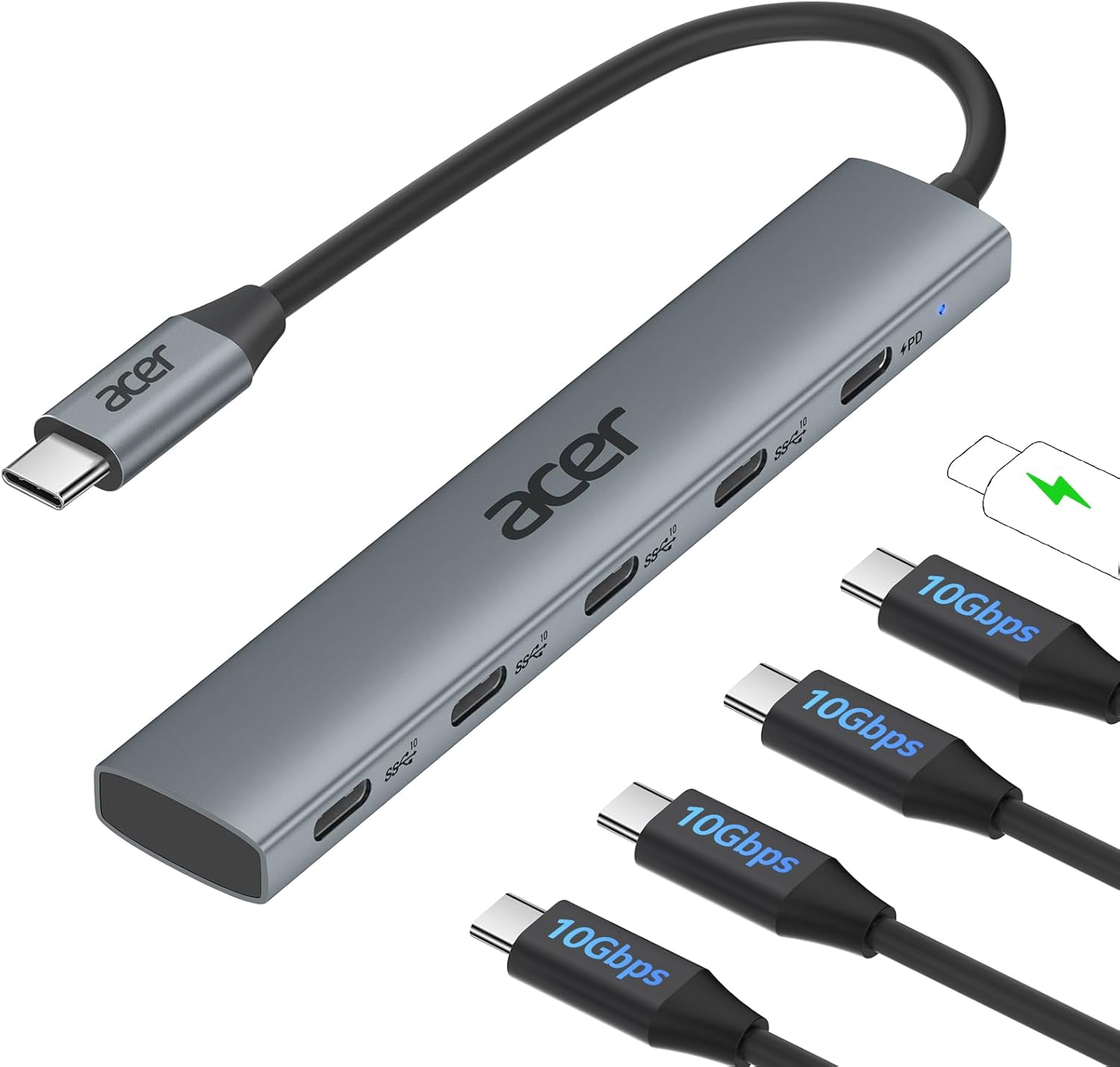 Acer USB C Hub 10Gbps mit Typ-C 100W Stromversorgung Ultra Slim 4*USB-C 3.2 | Aluminium USB-C auf USBC Splitter, für iPhone 15/16/17 Serie, MacBook iPad Pro/Air, iMac, Chromebook, Galaxy S26/25 usw.