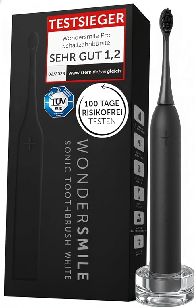 WonderSmile Schallzahnbürste Pro Ultimate Black – Testsieger 2026* – IPX8 Elektrische Zahnbürste mit Ladestation, 4 Programmen & 60 Tage Power Batterie – mit Smart-Bürstenkopf