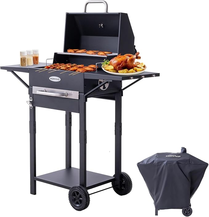 HOMAVO Holzkohlegrill mit Deckel und Abdeckhaube, 2-in-1 Stand- & Tischgrill, Kompakter Balkon Grillwagen, Thermometer, Warmhalterost, Wettergeschützt und Mobil