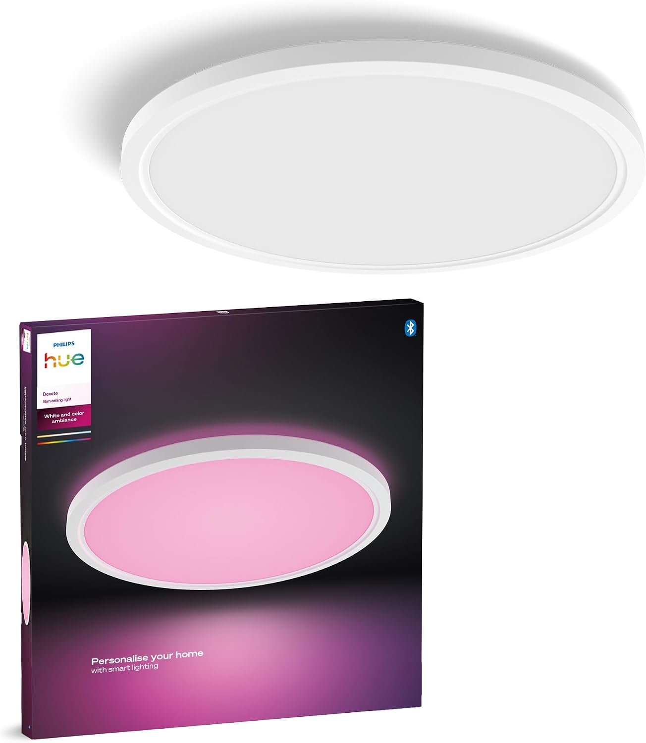 Philips Hue Devote Slim Deckenleuchte, M, 421 mm, Rund, Weiß | White and Colour Ambiance Licht, Smar...
