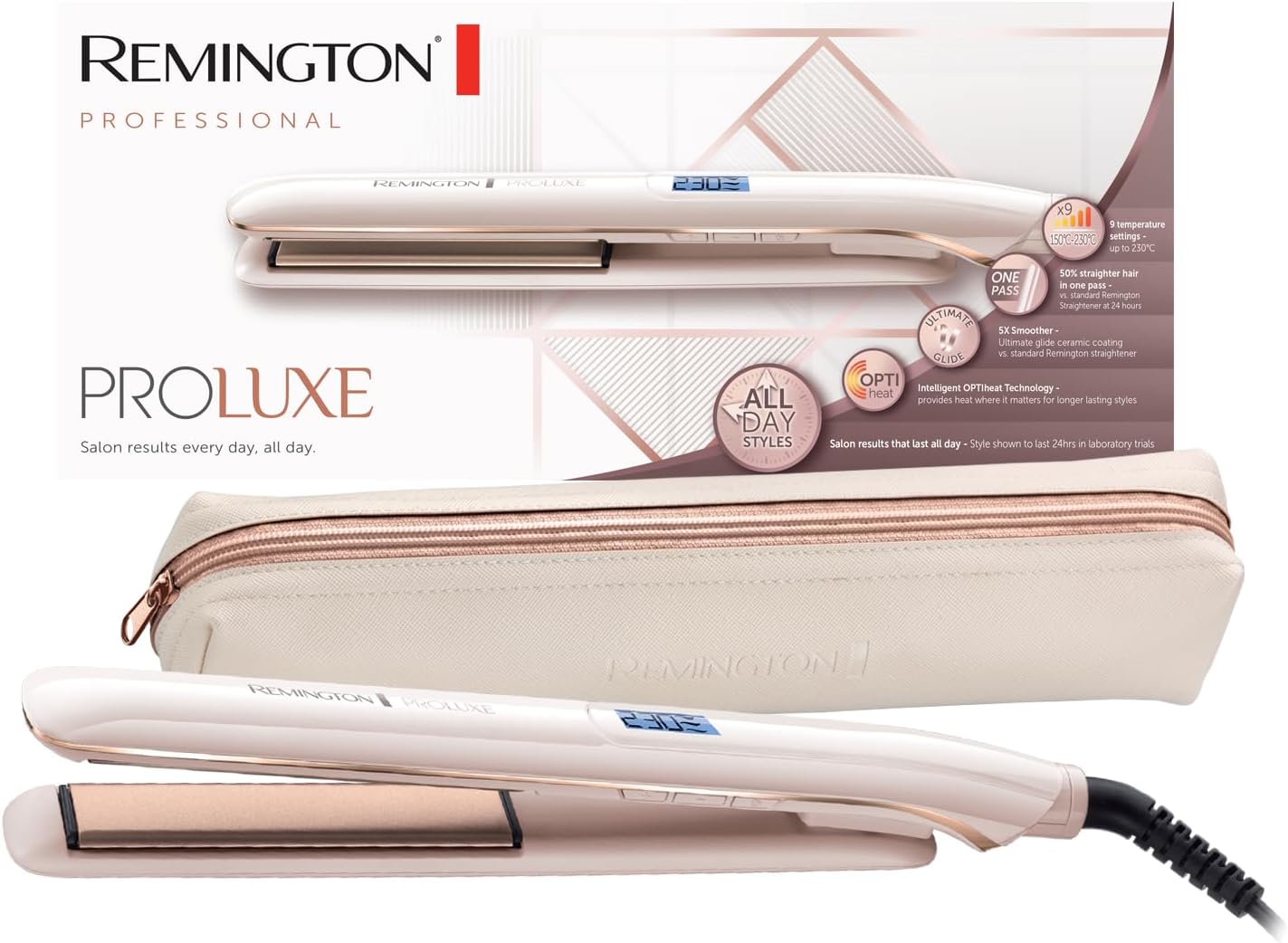 Remington Glätteisen PROluxe (OPTIheat-Technologie für lang anhaltende Styling-Ergebnisse in nur einem Zug & Ultimate-Glide-Keramikbeschichtung) LCD-Display, 150-230°C, Haarglätter S9100
