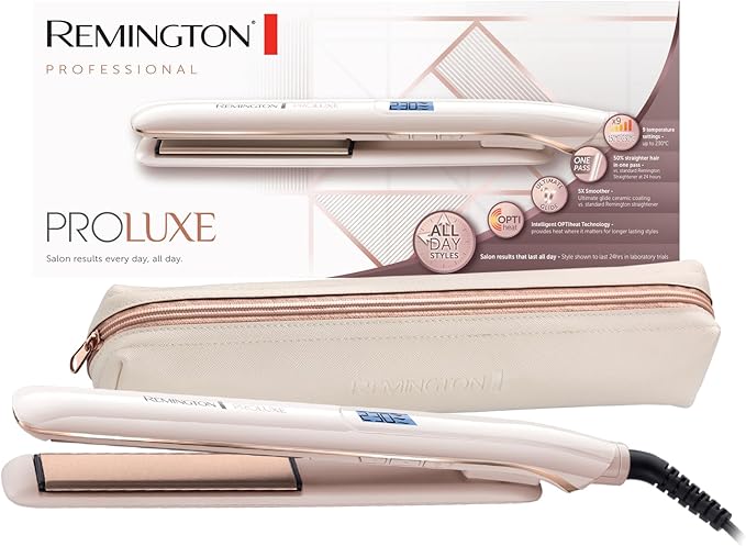 Remington Glätteisen PROluxe (OPTIheat-Technologie für lang anhaltende Styling-Ergebnisse in nur einem Zug & Ultimate-Glide-Keramikbeschichtung) LCD-Display, 150-230°C, Haarglätter S9100