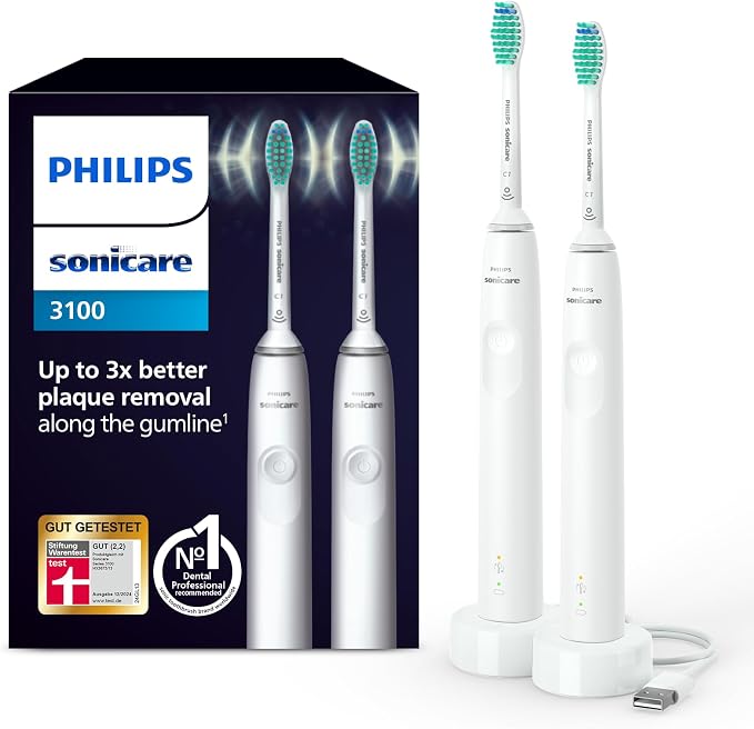 Philips Sonicare 3100 elektrische Zahnbürste, Schallzahnbürste, Andruckkontrolle und Timer, Weiß, Zweierpack, Modell HX3675/13 Erwachsene