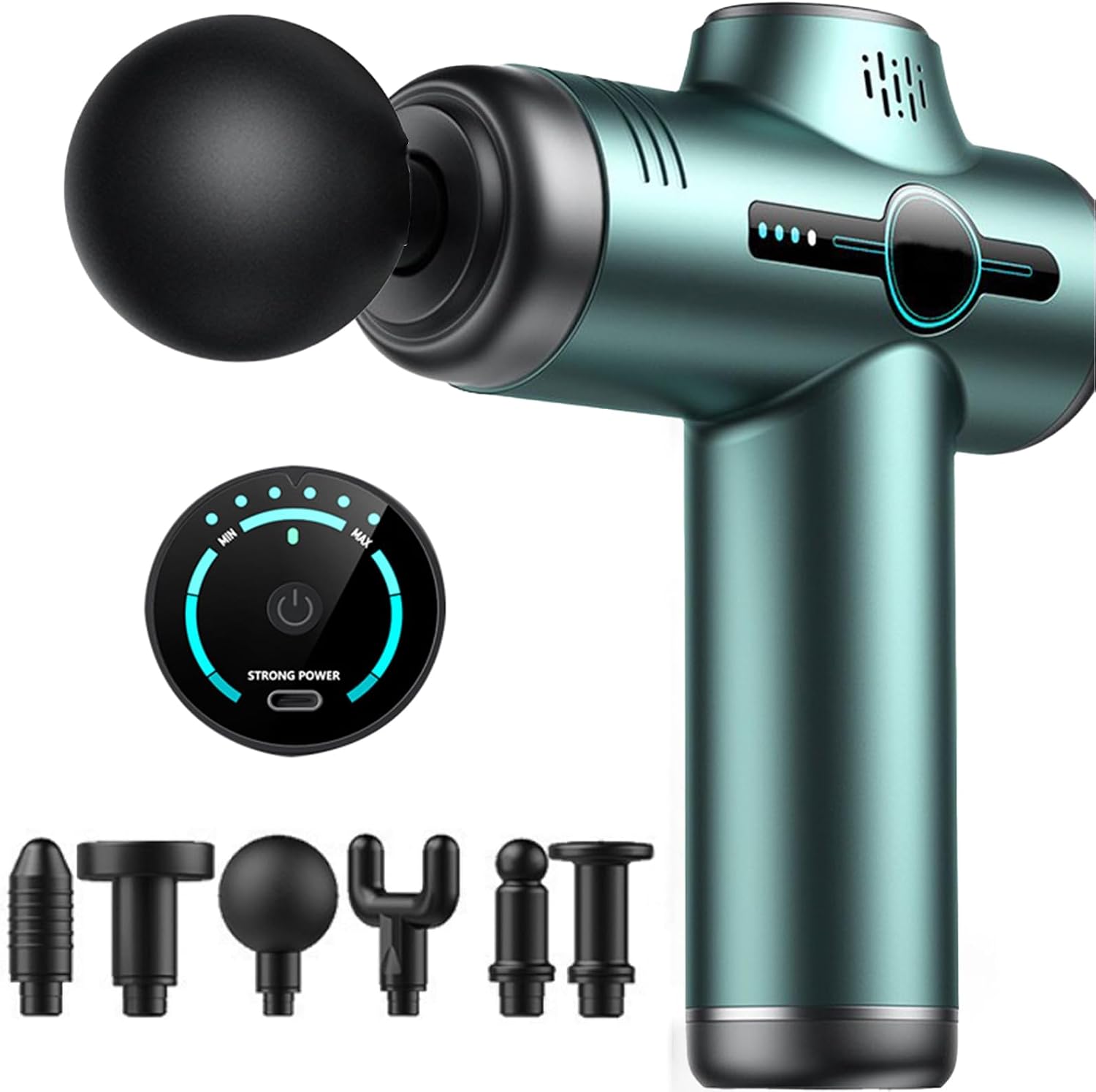 Mini Massagepistole, 6 Stufen Tiefengewebe Muskelmassagegerät (Grün) 3200 U/Min, 6 Aufsätze, Leise Massage Gun , 10-Min Auto-Shutdown,Handmassagegeräte für Schulter Körper Rücken Entspannung
