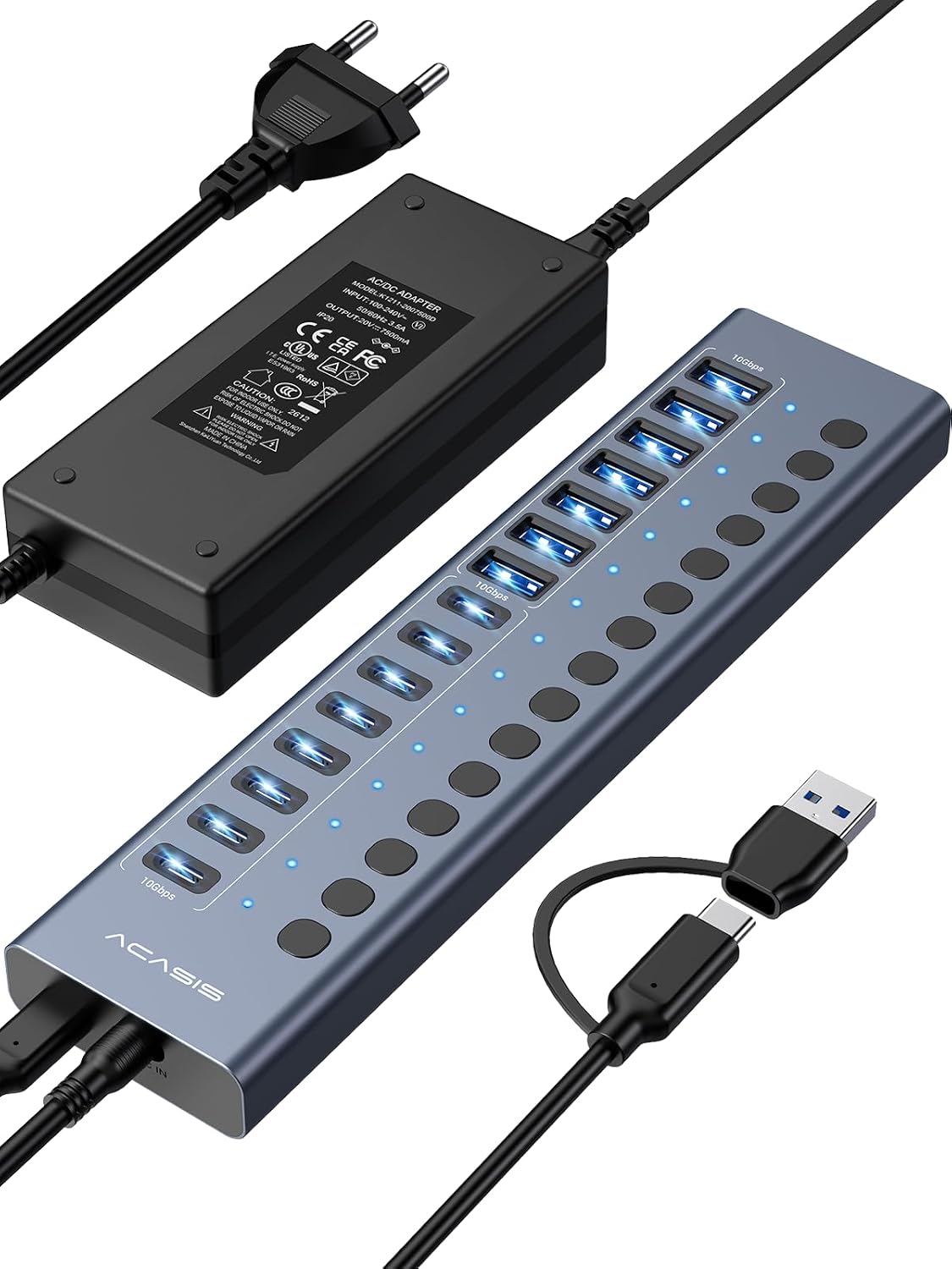 ACASIS HB16PRO 16-Port USB 3.2 Hub, 10Gbps, 96W Netzteil, Blau | 8x USB-A & 8x USB-C, unabhängige Sc...