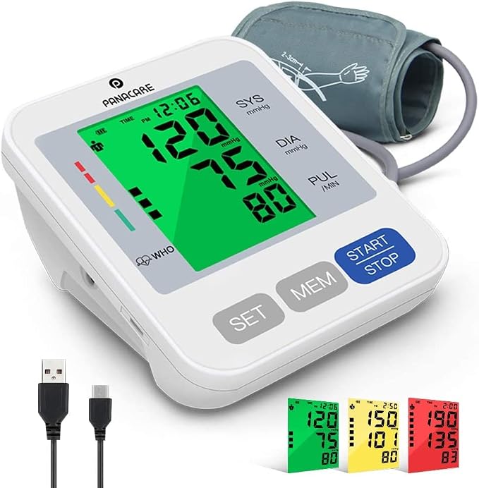 PANACARE 2.0 Vollautomatisch Oberarm Blutdruckmessgerät, Blutdruckmonitor | 3-Farbiges Großes Displa...