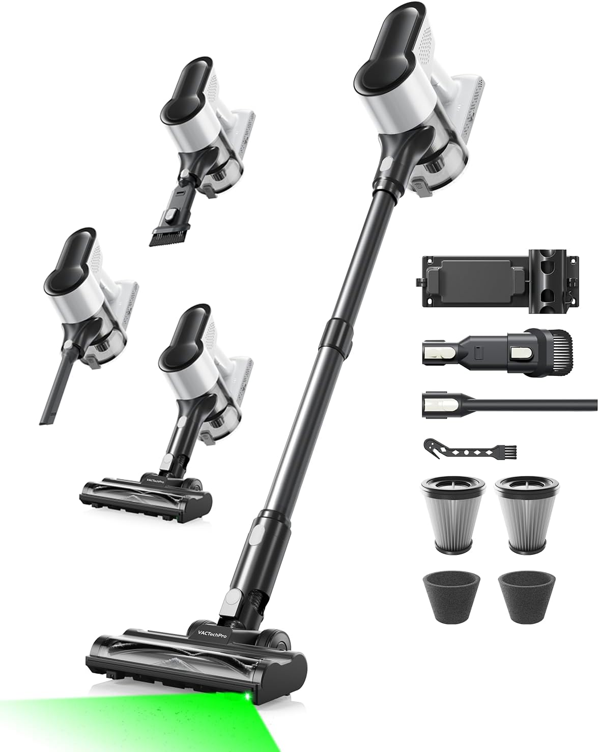 VACTechPro F02 Lite Akku Staubsauger Kabellos 550W/50KPa Kabelloser Staubsauger mit 8‑stufigem Filtersystem, Selbststehend für Böden/Teppiche/Tierhaare