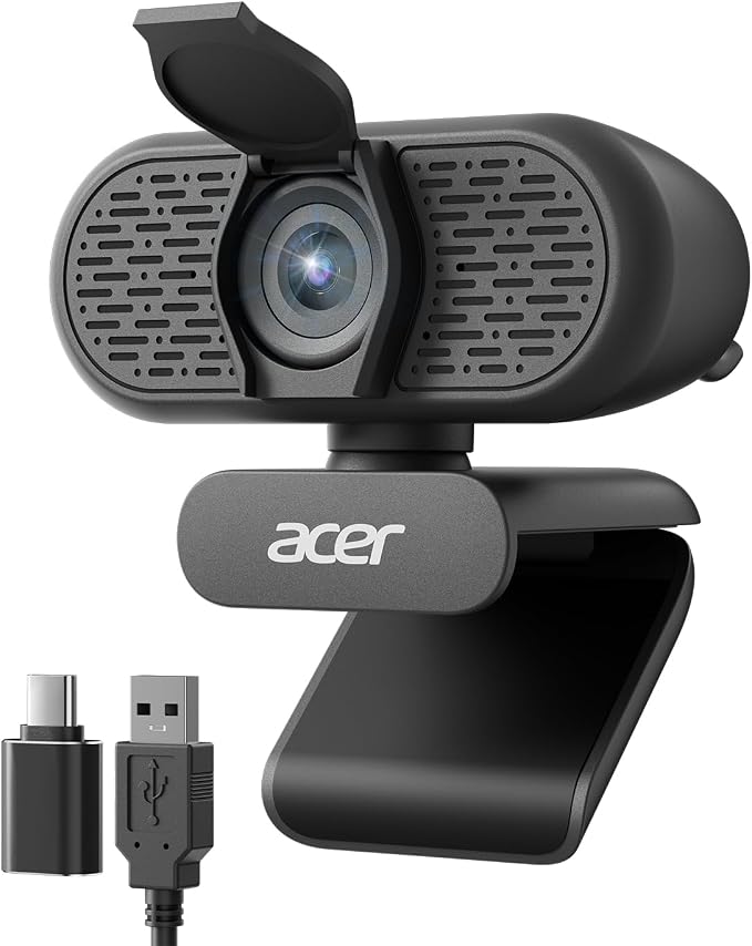 Acer Full HD 1080p Webcam mit Dual-Mikrofon, Automatische Lichtkorrektur Weitwinkel Streaming Kamera, Privatsphäre-Abdeckung, USB-A auf Type C Adapter, Geräuschunterdrückung, Festfokus, Plug &Play