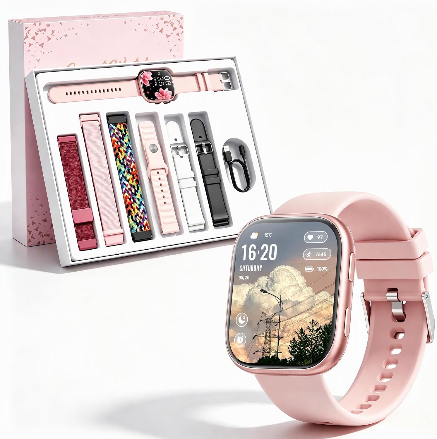 Smartwatch Damen, 1.83" HD Fitnessuhr mit 7 Armbänder & Geschenkbox Bluetooth-Anruf, Sportuhr mit Pulsmesser, Schlafmonitor, SpO2, Schrittzähler, IP68 Wasserdicht, 100+ Sportmodi