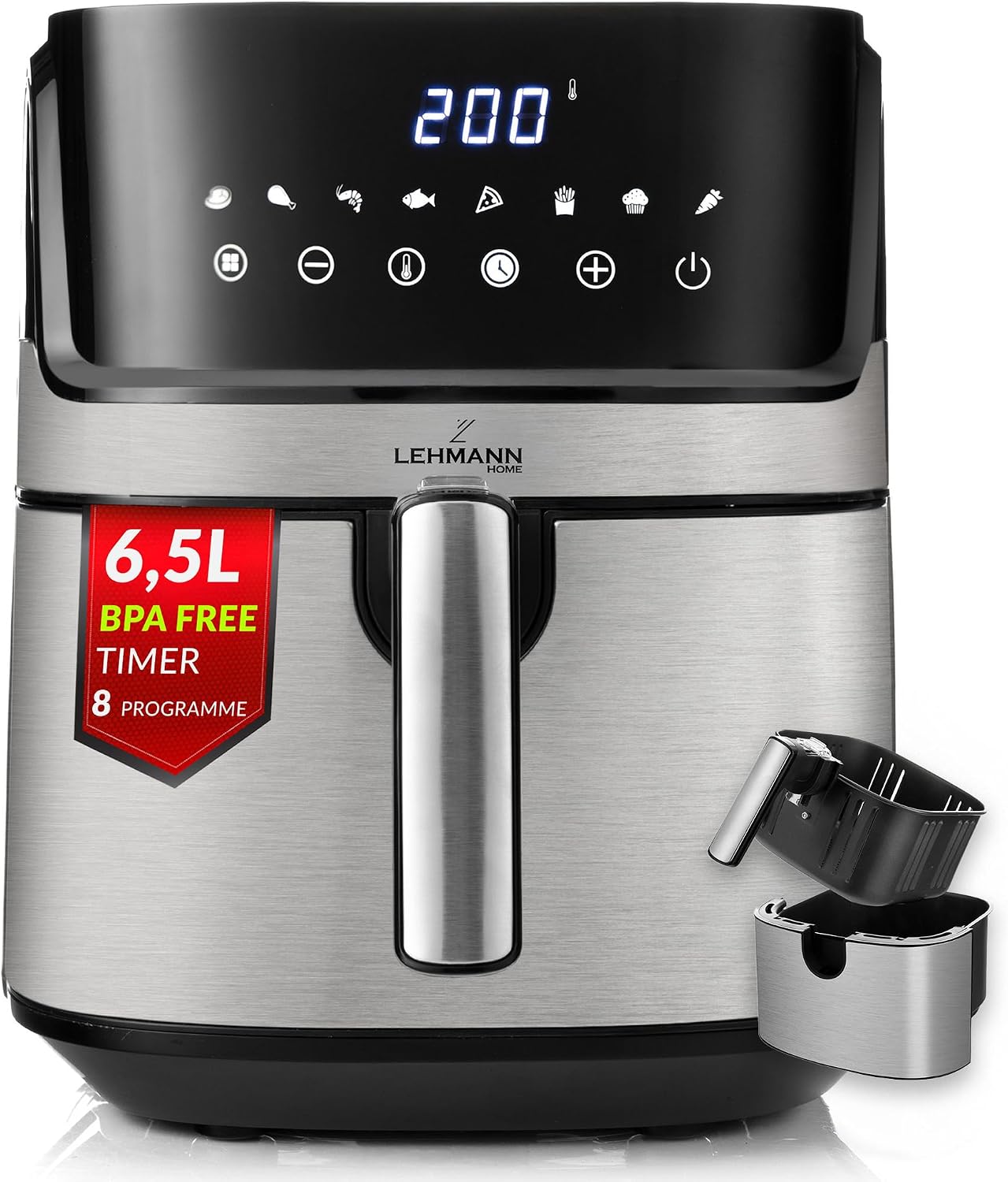 LEHMANN Heißluftfritteuse XL 6,5L, 8 Programme, Große Metallkammer, Digitales Display, Timer, Antihaftbeschichtung, Spülmaschinenfester Korb, 80-200°C, Air Fryer ohne Öl für Familie