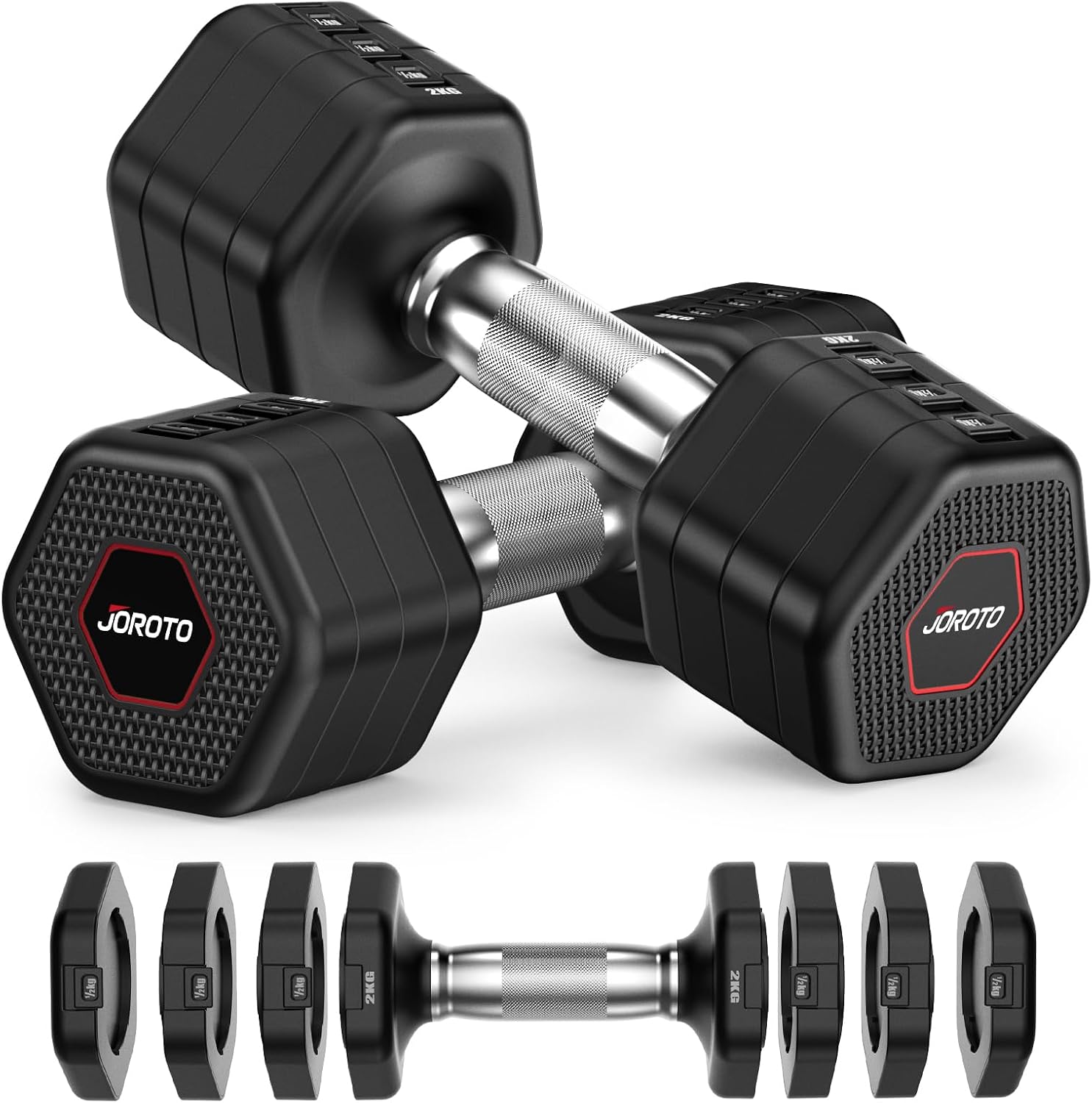 JOROTO Hanteln Set, 4-in-1 Verstellbare Hanteln Kurzhanteln 2er Set, 2–5 kg mit Verchromtem Rutschfestem Griff, Geeignet für Männer und Frauen, für Krafttraining, Fitness und Heimtraining (Schwarz)