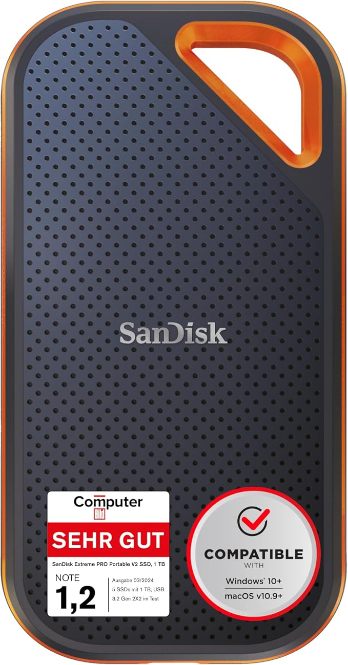 SanDisk Extreme PRO Portable SSD 1 TB (externe SSD, NVMe-SSD-Performance, 2,5 Zoll, 2.000 MB/s Lesen und Schreiben, AES-Verschlüsselung, IP65-Wasser- und -Staubschutz) grau