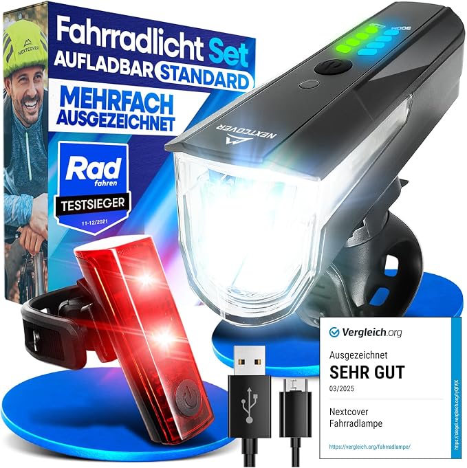 NEXTCOVER® Fahrradlicht Set mit [LightSense] Sensor & 11h Akkulaufzeit I USB aufladbar & wasserdicht I StVZO zugelassen I LED Fahrrad Licht vorne I Fahrradlampe & Fahrrad Rücklicht, Fahrradbeleuchtung