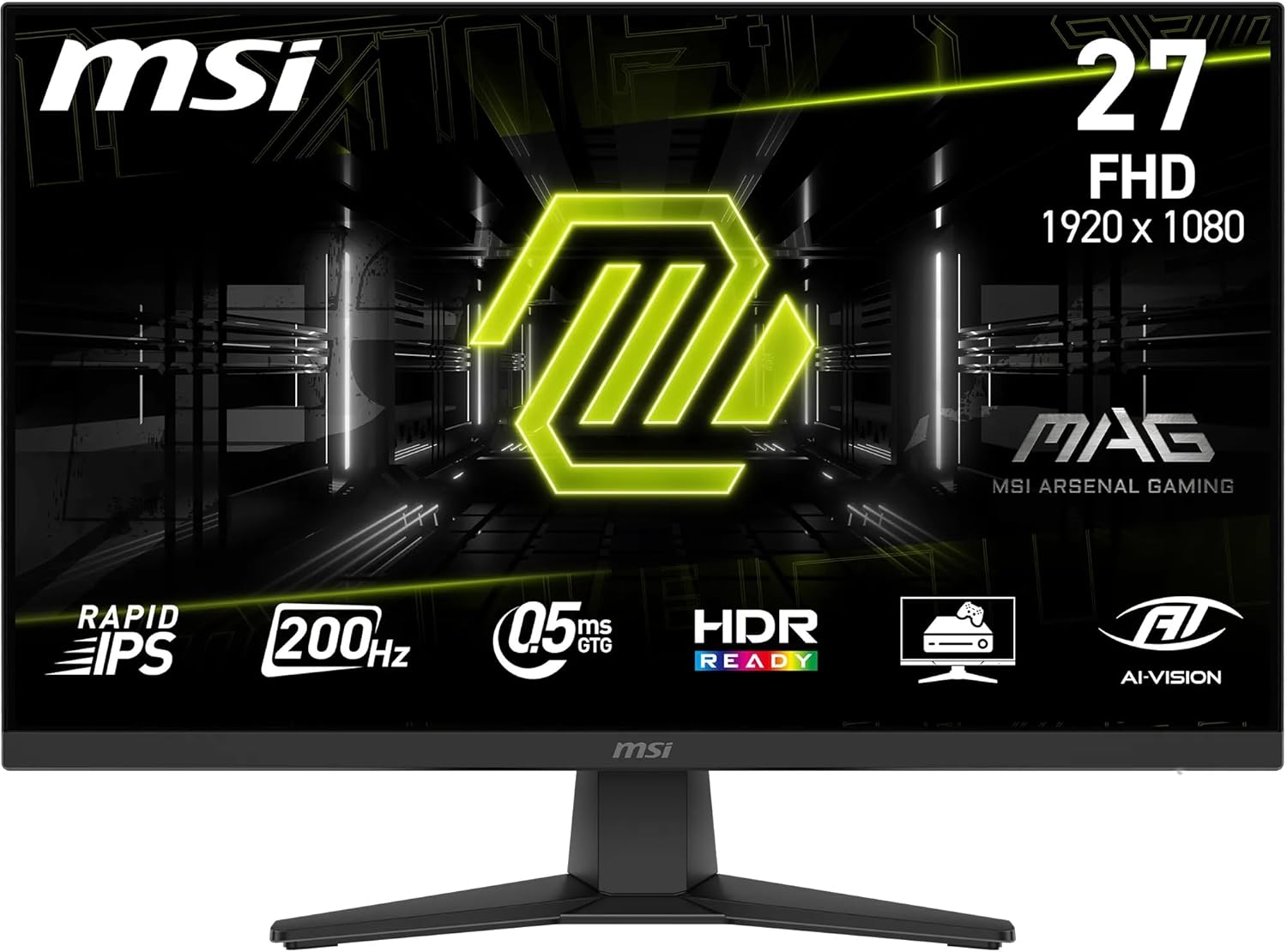 MSI MAG 272FDE, 27 Zoll, FHD,1920x1080, Gaming-Monitor, 200 Hz, 0,5 ms, HDR-fähig, AMD FreeSync Premium, augenschonend, AI Vision, HDMI 2.0b, DP 1.2a, Rahmenlos, verstellbar, Vesa-Halterung, Schwarz