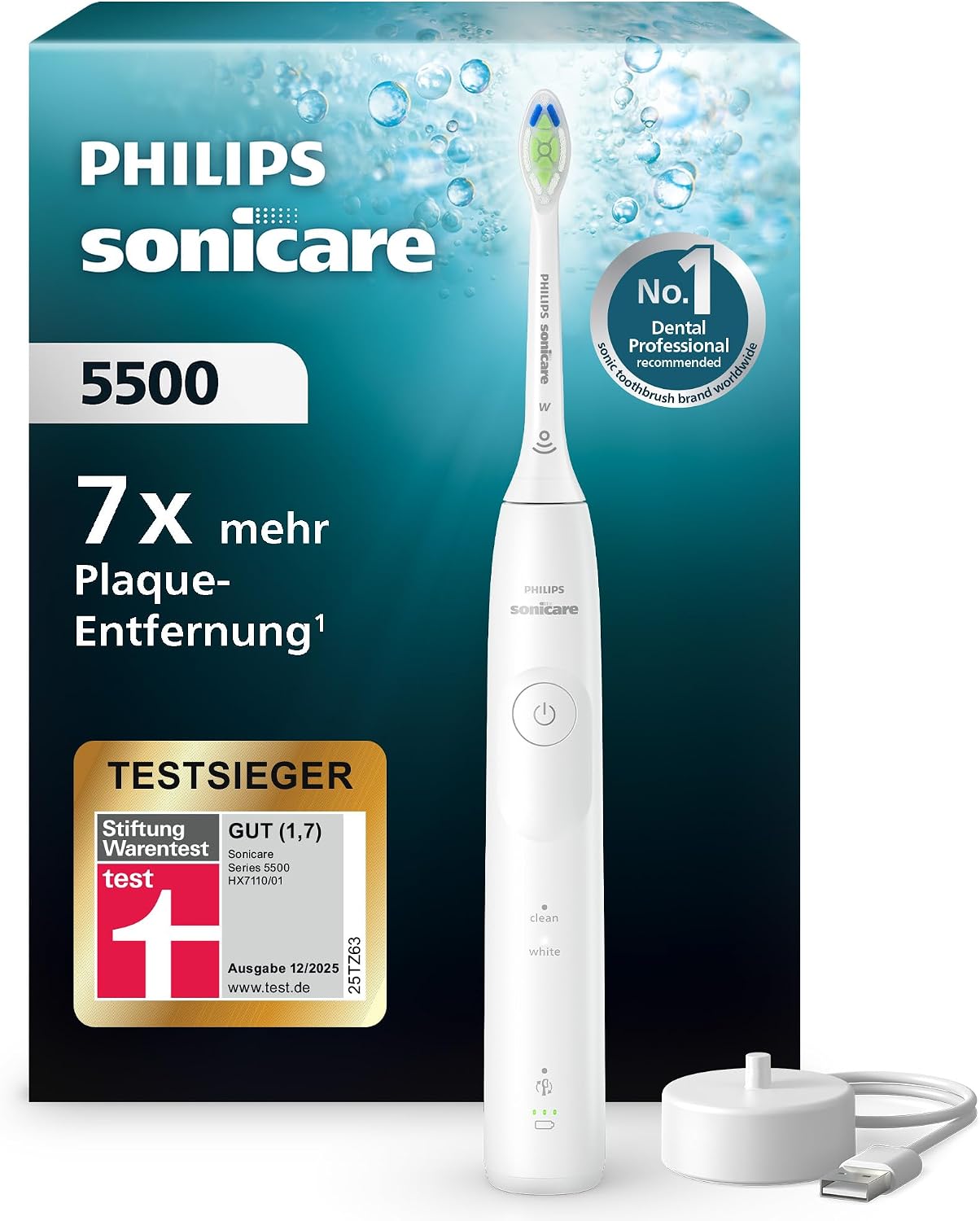 Philips Sonicare 5500 elektrische Zahnbürste, Schallzahnbürste mit 1 Intensitätsstufe, Andruckkontrolle, EasyStart, SmarTimer und BrushPacer, Weiß, Modell HX7110/01 [Neue Technologie] Erwachsene