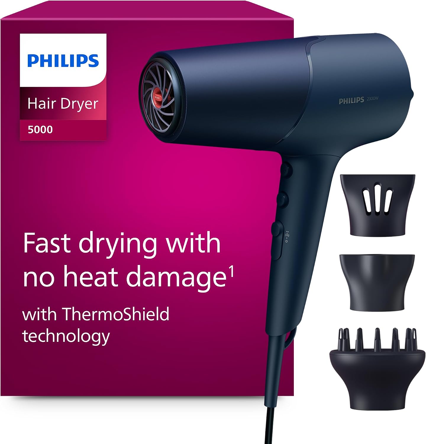 Philips Haartrockner 5000 Series, ThermoShield Technologie, Ionisierungsfunktion, 2.300 W, Metallic-Blau, mit 9-mm- und 11-mm-Stylingdüse, Volumendiffusor, BHD510/20