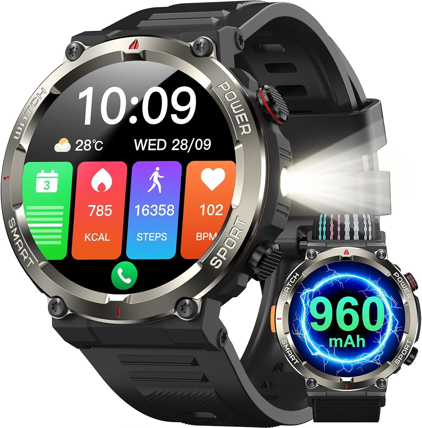 IOWODO Smartwatch Herren mit Anruf, Taschenlampe und Kompass, 960-mAh-Akku, Militär Design, 123 Sportmodi, 24-Stunden-Herzfreque/SpO2/Schlafüberwachung, Schrittzähler, IP68, 2 Armbänder (iOS/Android)