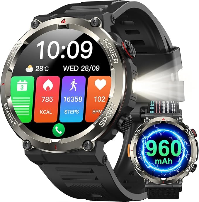 IOWODO Smartwatch Herren mit Anruf, Taschenlampe und Kompass, 960-mAh-Akku, Militär Design, 123 Sportmodi, 24-Stunden-Herzfreque/SpO2/Schlafüberwachung, Schrittzähler, IP68, 2 Armbänder (iOS/Android)