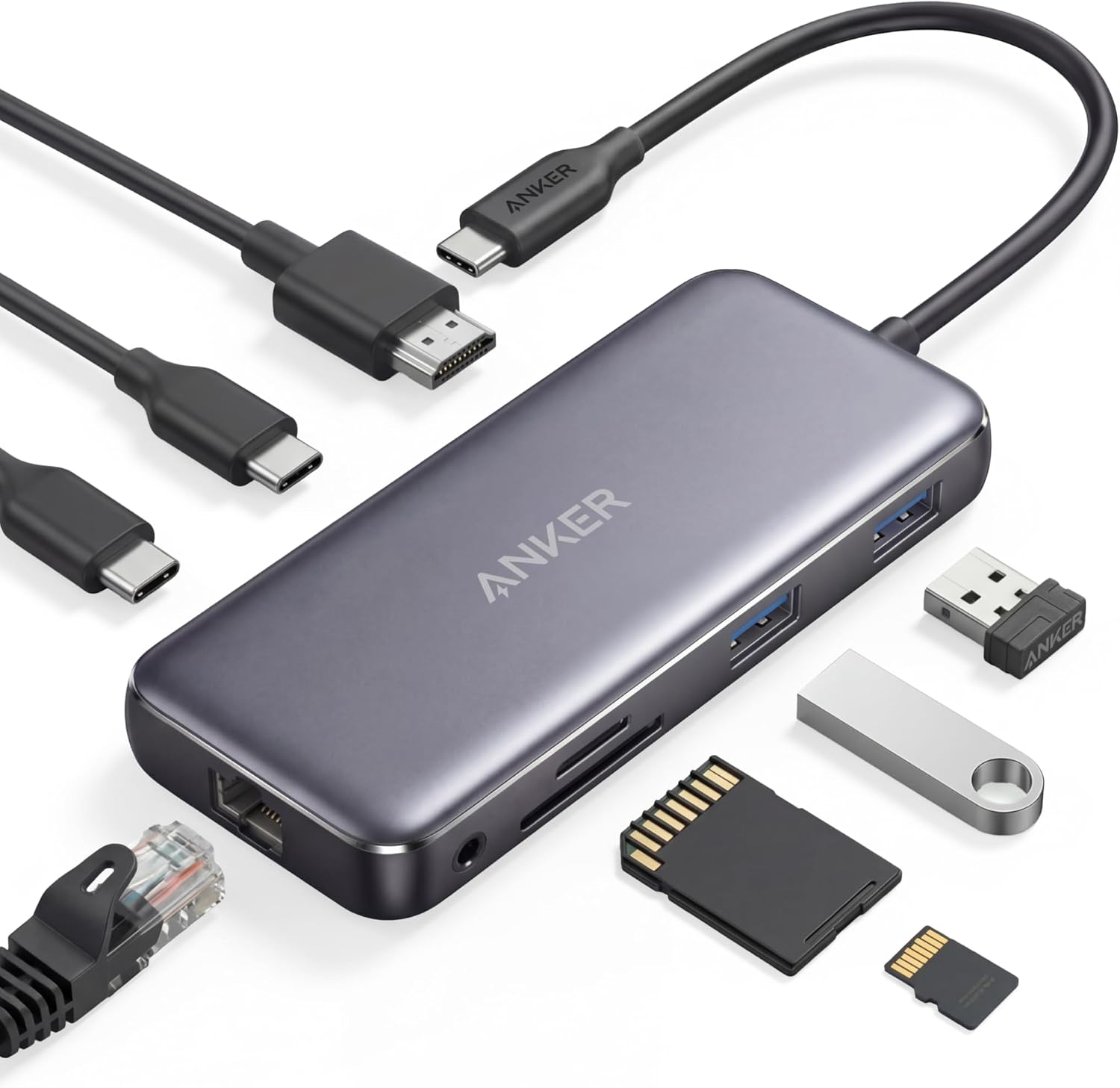 Anker 555 8-in-1 USB C Hub PowerExpand Adapter, 4K 60Hz HDMI 85W PD, 10Gbps USB C & 2 USB A Datenports, Ethernet-Port, microSD & SD Speicherkartenleser, für MacBook Pro und mehr