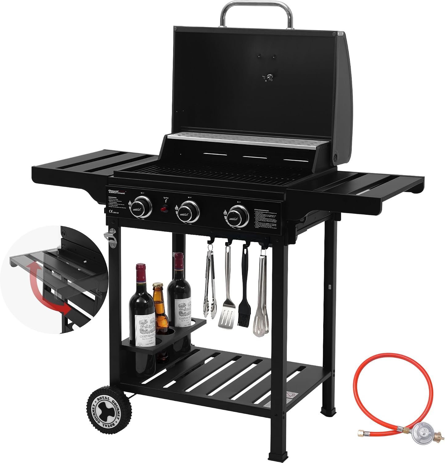 Royal Gourmet 3 Brenner Gasgrill Grillwagen mit Klappbaren Seitenablagen, Camping Grill mit Flascheständer, Standgrill mit Edelstahl Brenner 9 kW Schwarz