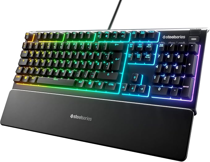 SteelSeries Apex 3 Gaming Tastatur - 10-Zonen RGB-Beleuchtung - Flüsterleise Gaming-Switches - Premium magnetische Handballenauflage - IP32 wassergeschützt - Deutsches (QWERTZ) Layout