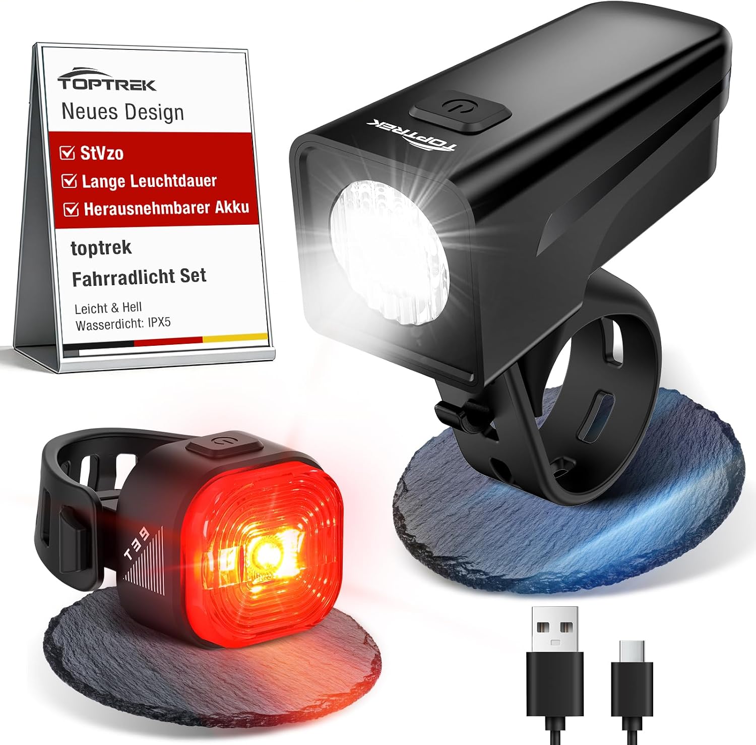 toptrek Fahrradlicht Set USB Aufladbar mit Austauschbarem Akku Design StVZO Zugelassen Fahrrad Lichter LED Set, IPX5 Wasserdicht Fahrradlampe Set, Fahrradbeleuchtung Set mit Langer Akkulaufzeit