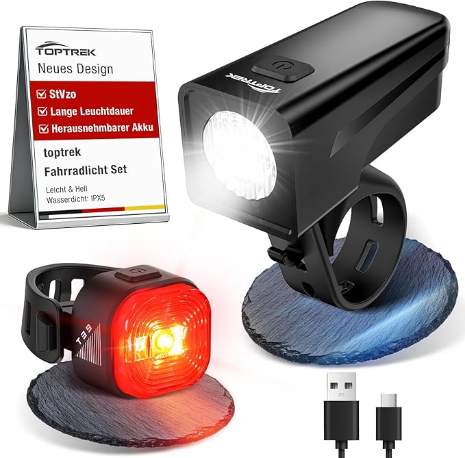 toptrek Fahrradlicht Set USB Aufladbar mit Austauschbarem Akku Design StVZO Zugelassen Fahrrad Lichter LED Set, IPX5 Wasserdicht Fahrradlampe Set, Fahrradbeleuchtung Set mit Langer Akkulaufzeit