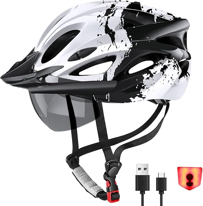 Fahrradhelm Erwachsene mit Licht,Radhelm, Cityhelm Urban Fahrradhelm für Herren Damen mit Abnehmbarer Magnetische Schutzbrille Visier, Fahrrad Helm mit 18 Belüftungskanäle57-62cm