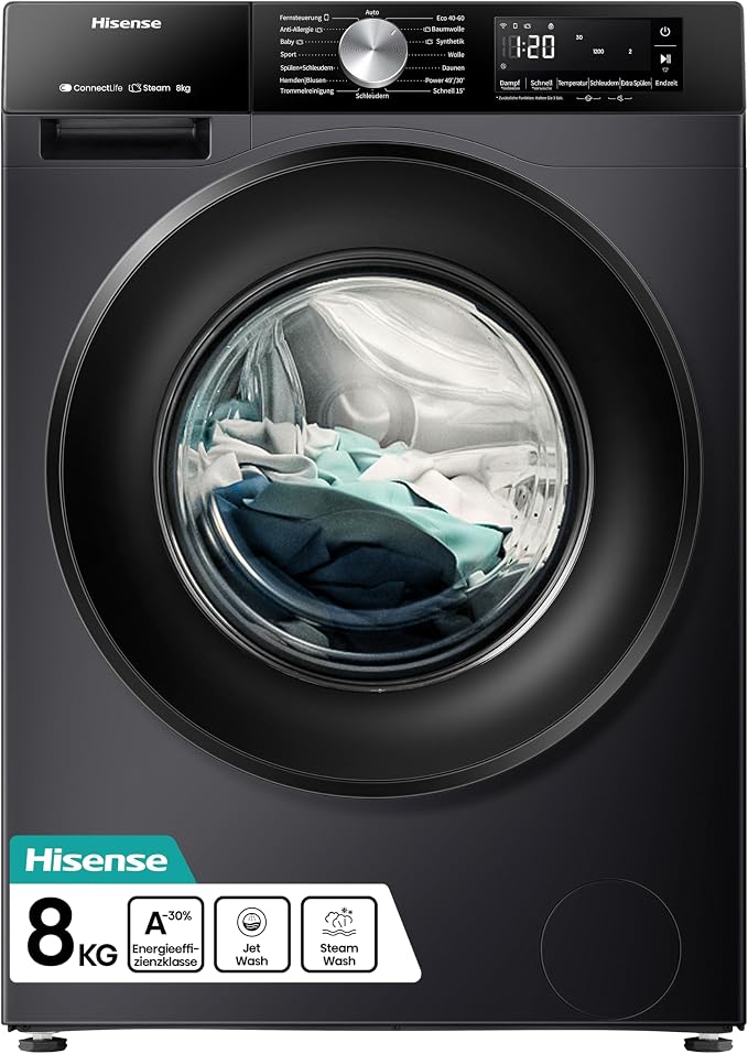 Hisense WF3S8043BB3 Waschmachine mit Dampffunkunktion, 8 kg, 1400 U,min, WIFI, ConnectLife, Power JetWash, Anti-Allergie Programm, Aqua Stop, Auto Wash, Quick Wash, EEK A-30 Prozent