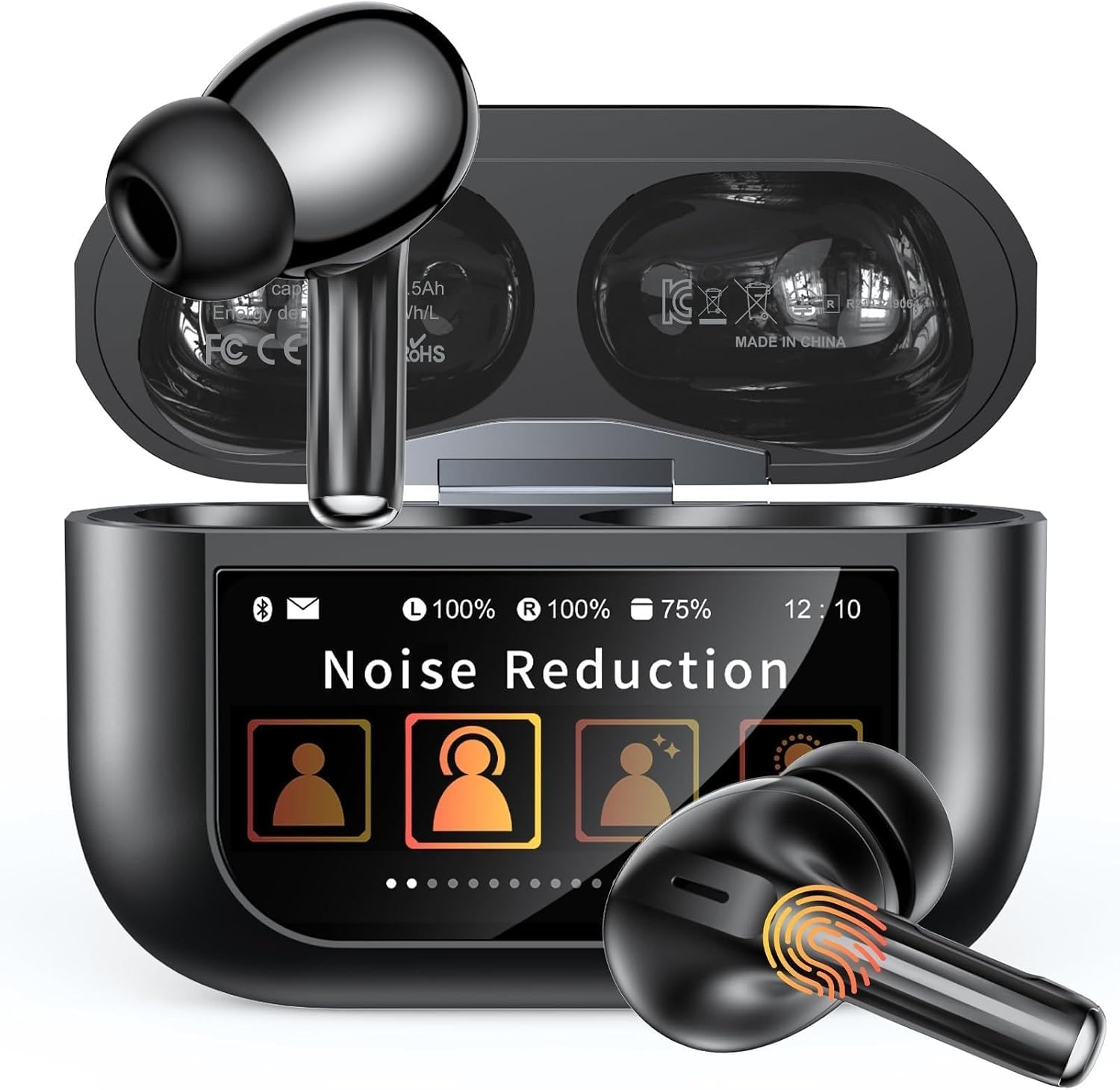 ZZU Kabellose Bluetooth Kopfhörer mit Smart Touchscreen, 48 Std. Laufzeit, Bluetooth 5.4 In-Ear Ohrhörer mit ANC & ENC Geräuschunterdrückung, 5 EQ-Modi, HiFi Stereo, IPX7 Wasserdicht Schwarz